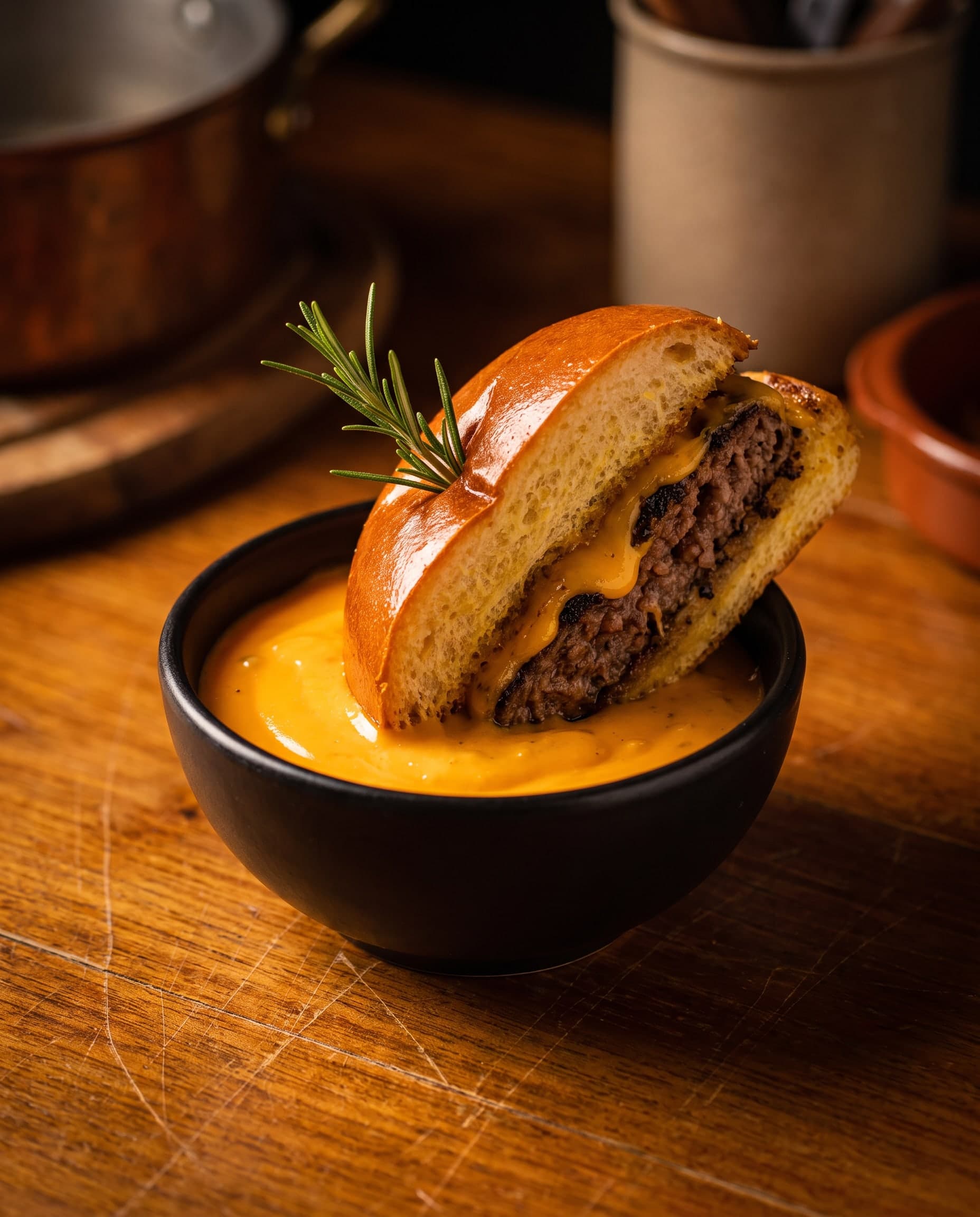 Cheeseburger being dipped into a bowl of molten cheese sauce