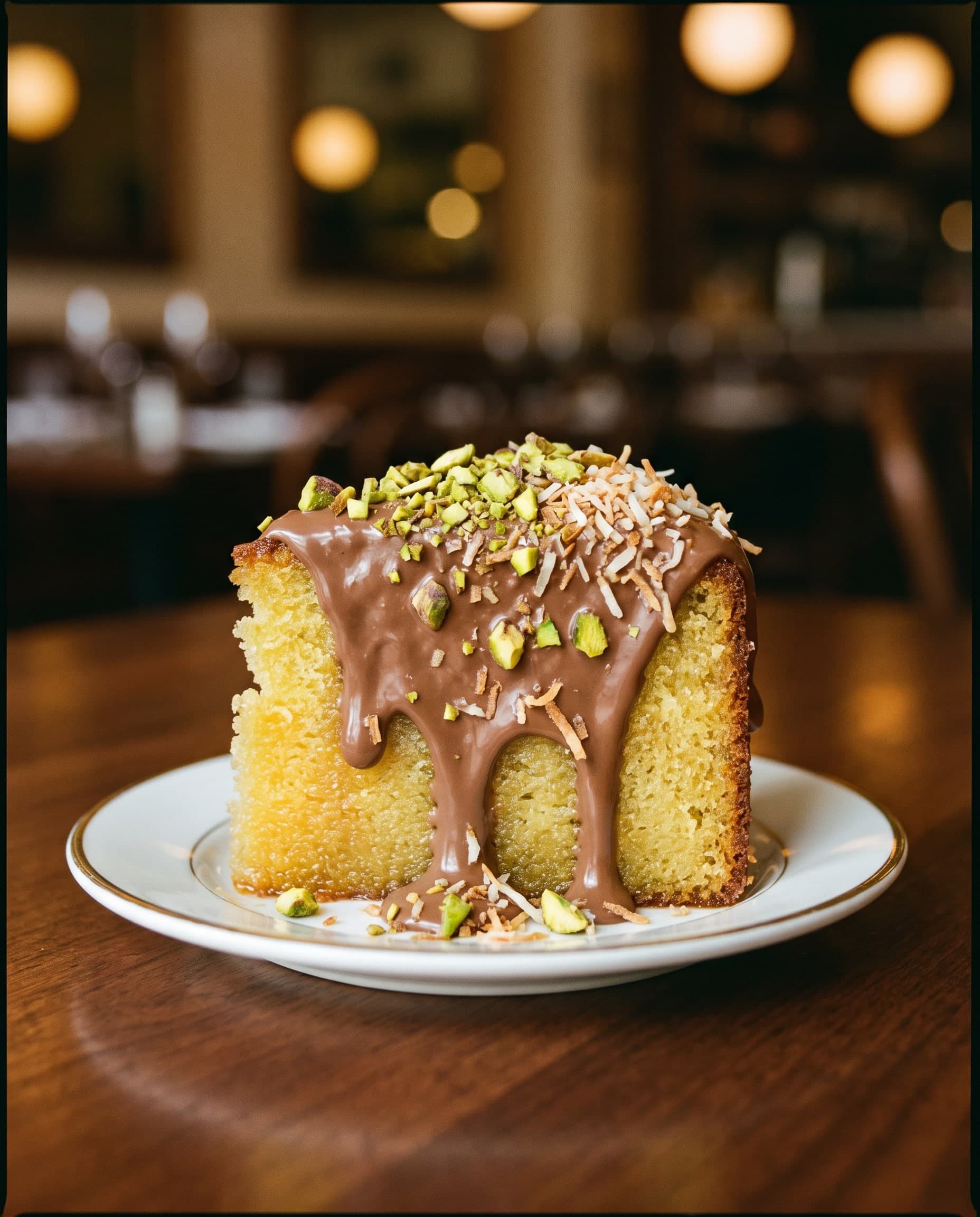 Slice of syrup cake under chocolate ganache with chopped pistachios