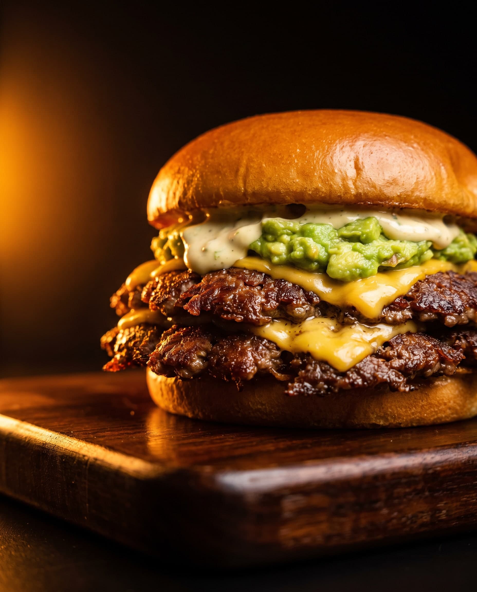 Double smash burger topped with chunky avocado on a black background