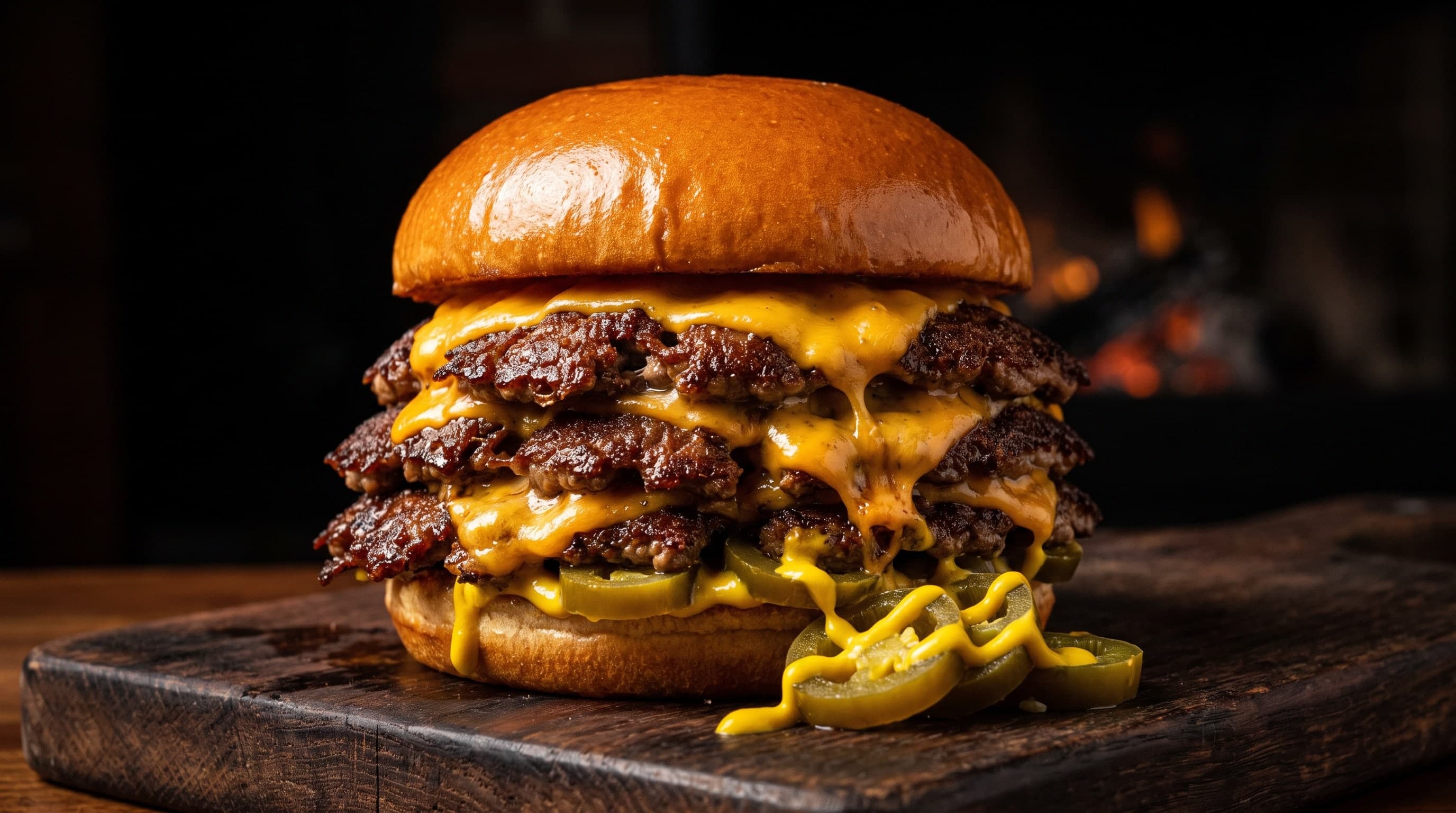 Triple smash burger stacked with melted cheese, mustard and sliced jalapeños
