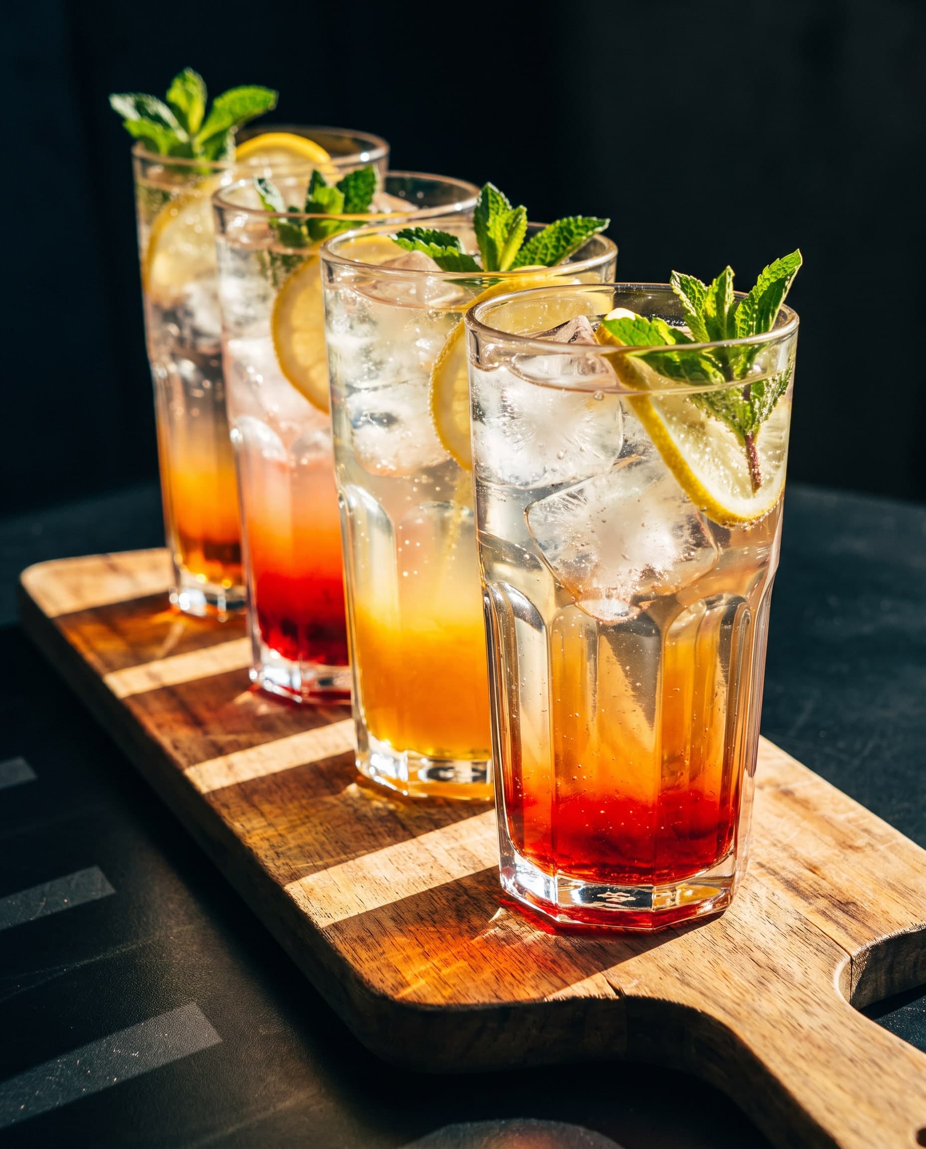 Four iced fruit drinks garnished with mint, lit by hard sunlight