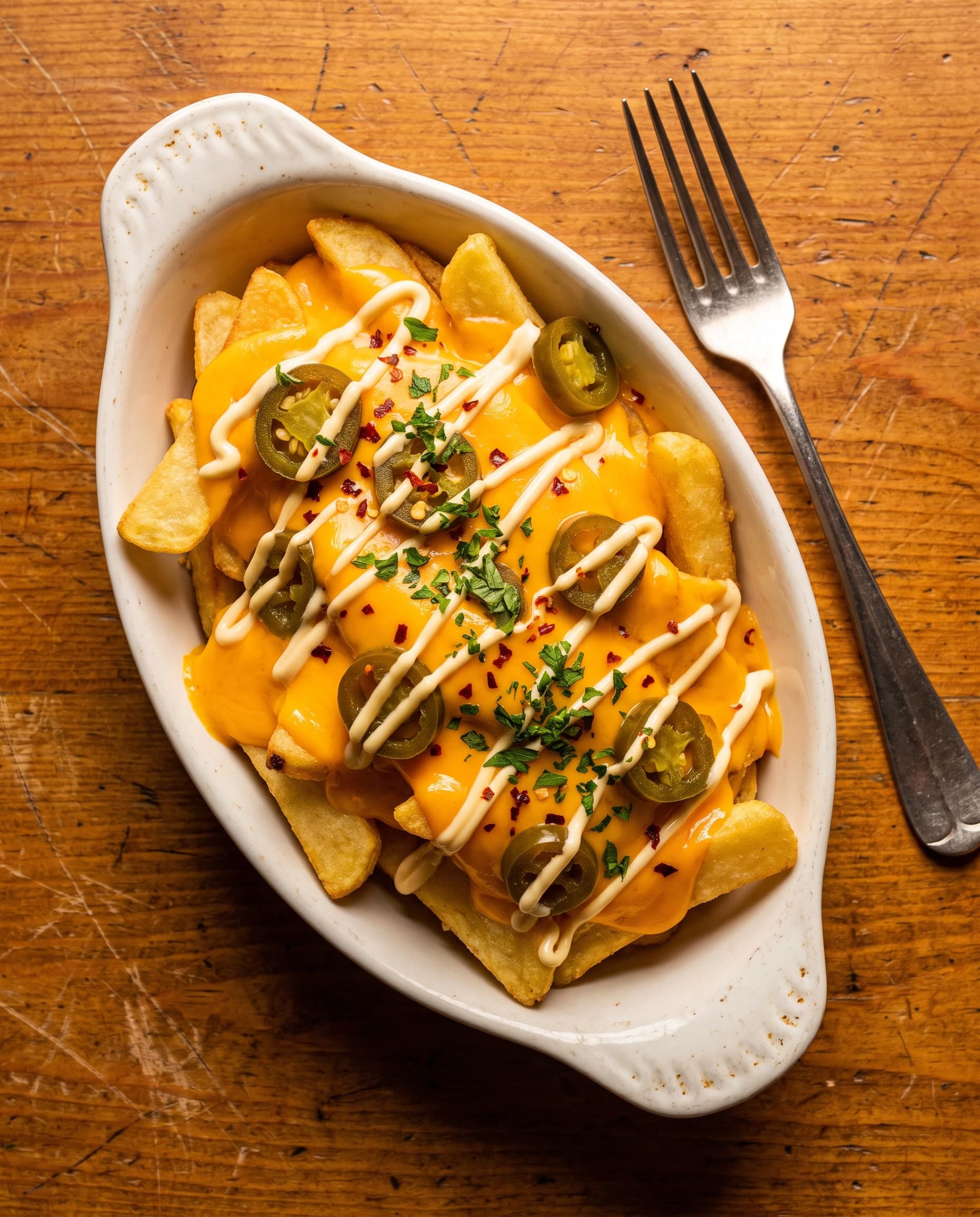 Overhead dish of chips smothered in cheese sauce and sliced jalapeños