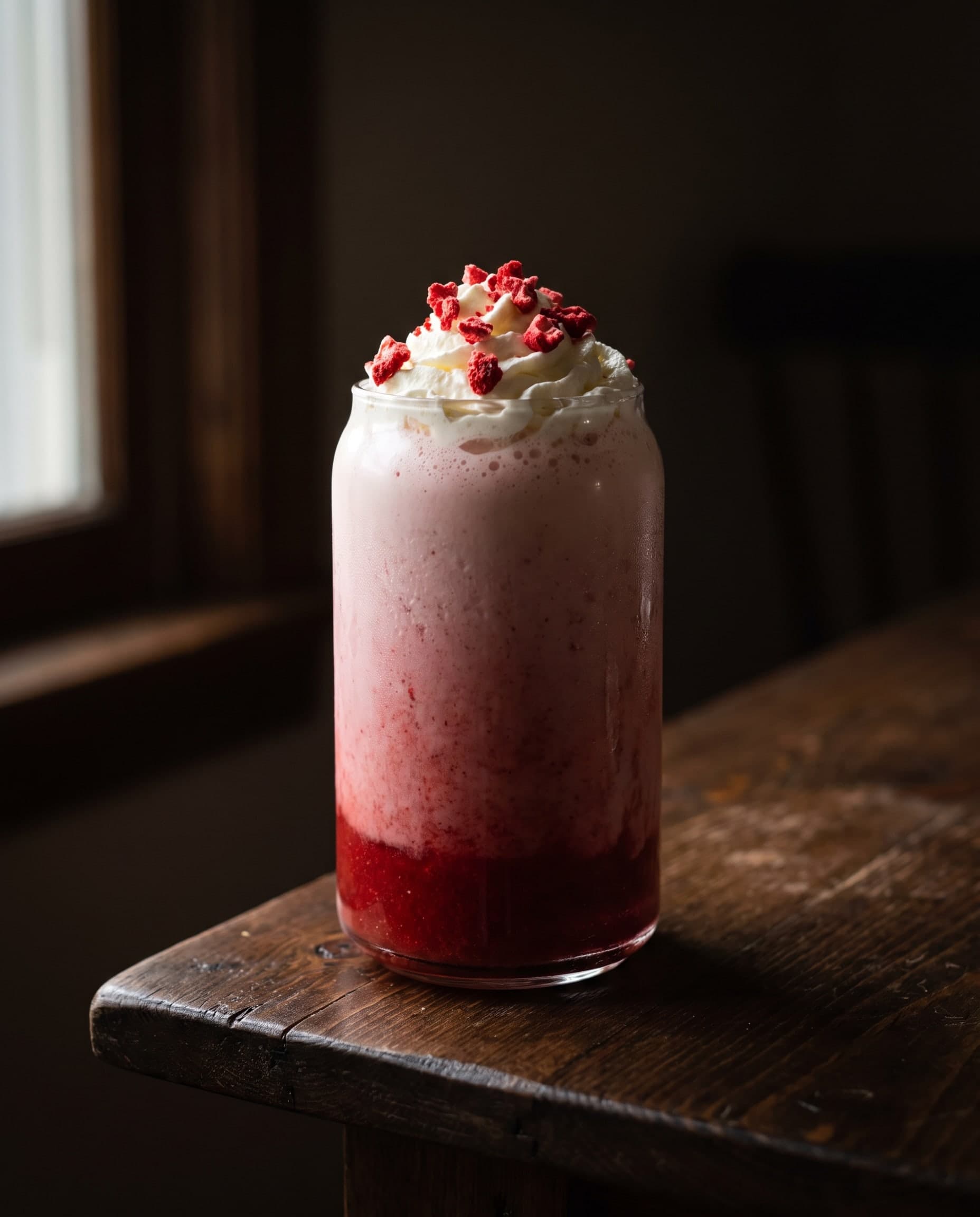 Tall pink strawberry milkshake topped with whipped cream