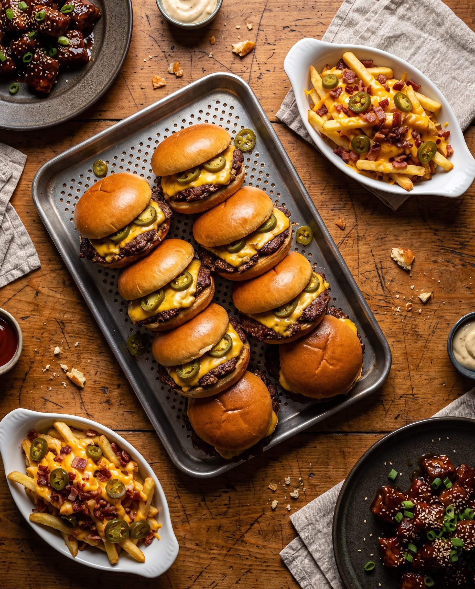 Flat lay of a burger tray beside two dishes of loaded fries