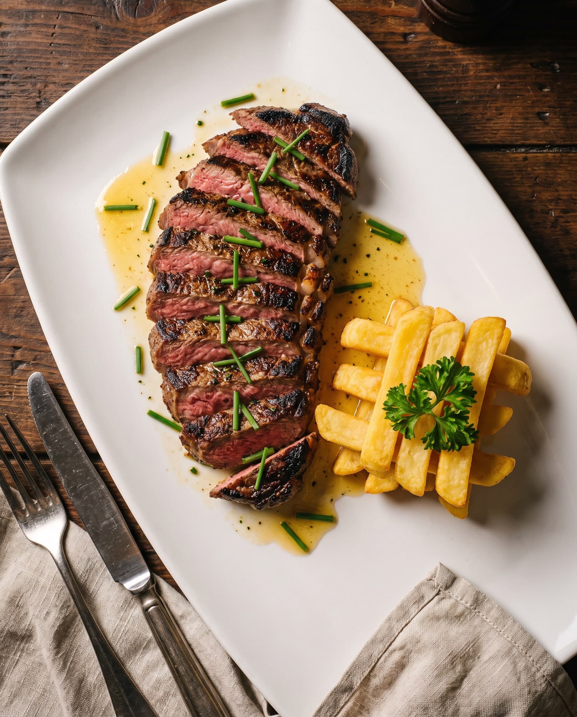 Sliced sirloin steak and chips on a white platter, shot from overhead