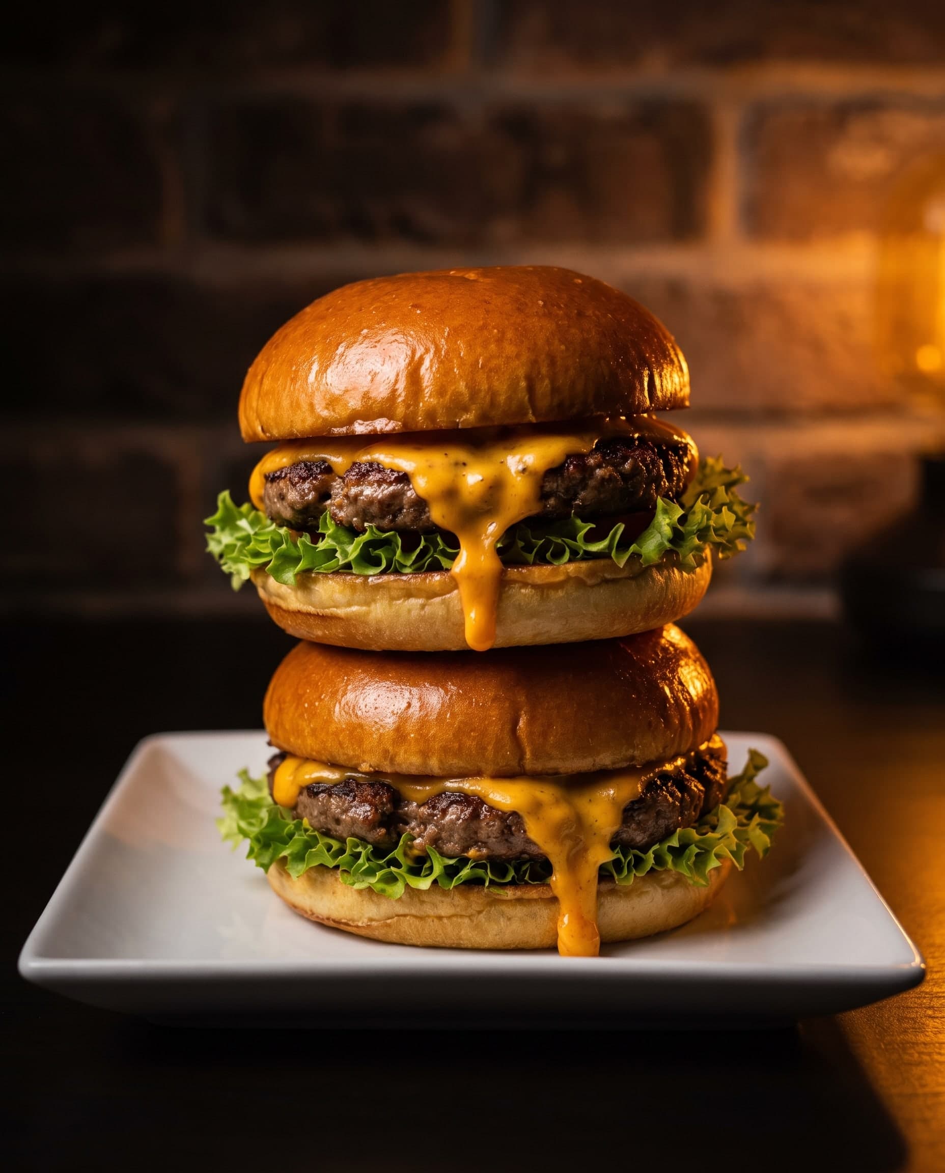 Two cheeseburgers stacked on a white plate against a dark brick wall